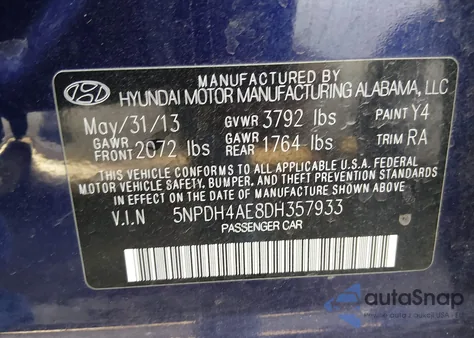 2013 Hyundai Elantra Gls from USA, damaged, VIN 5NPDH4AE8DH357933